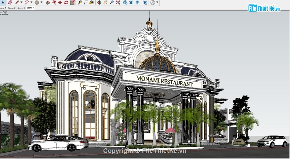 Sketchup nhà hàng,sketchup nhà hàng tân cổ,sketchup nhà hàng